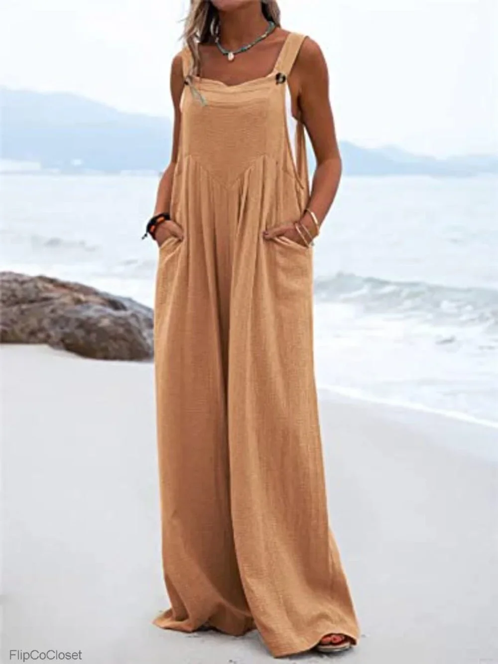 Women's Casual Baggy Sleeveless Bib Overall Wide Leg Jumpsuit Overalls with